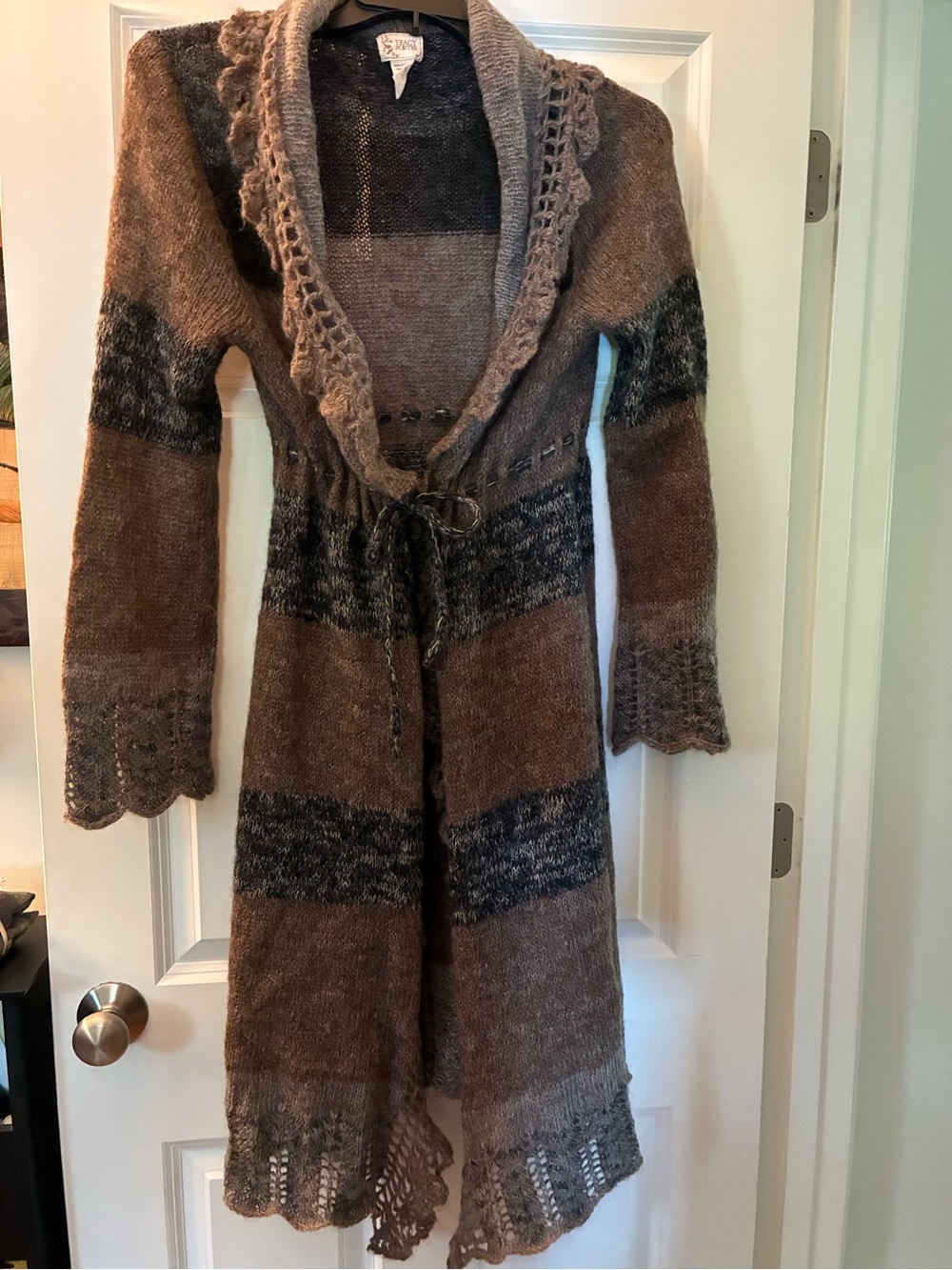 Tracy Porter Brown and Gray Long Knit Cardigan with Tie Waist
